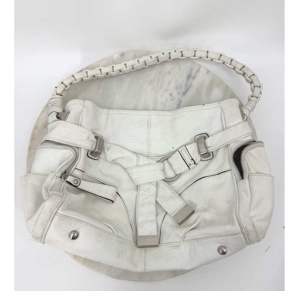 *Flawed* B. Makowsky White Leather Hobo Bag Braided Strap Leopard Print Lining
